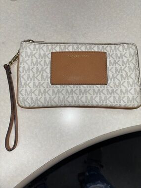 Michael Kors Monogram Wristlet - Cream & Brown with Gold Hardware